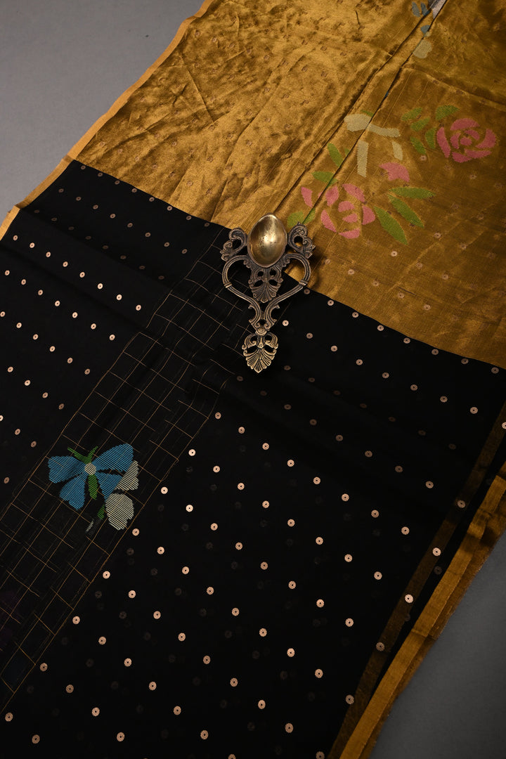Black Jamdani Weaving on Silk Muslin Saree with Pocket Sequins and Paithani Style Tissue  Pallu | SILK MARK CERTIFIED