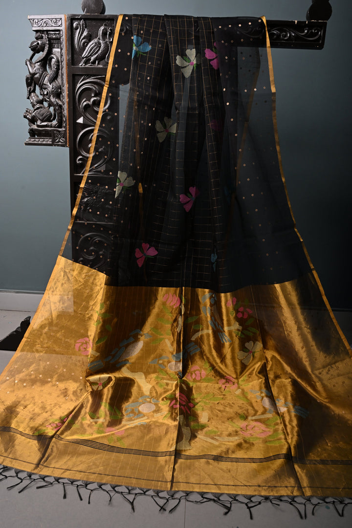 Black Jamdani Weaving on Silk Muslin Saree with Pocket Sequins and Paithani Style Tissue  Pallu | SILK MARK CERTIFIED