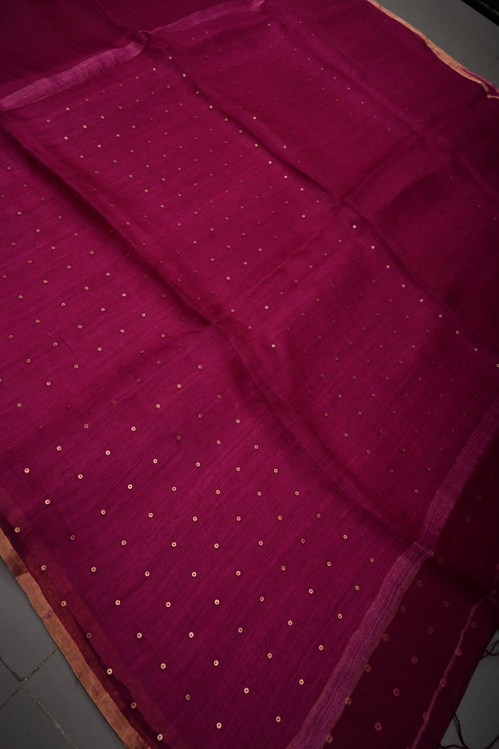 Magenta  Muslin Silk Saree with Pocket Sequins and Minimal Zari Border | SILK MARK CERTIFIED | SHOBITAM