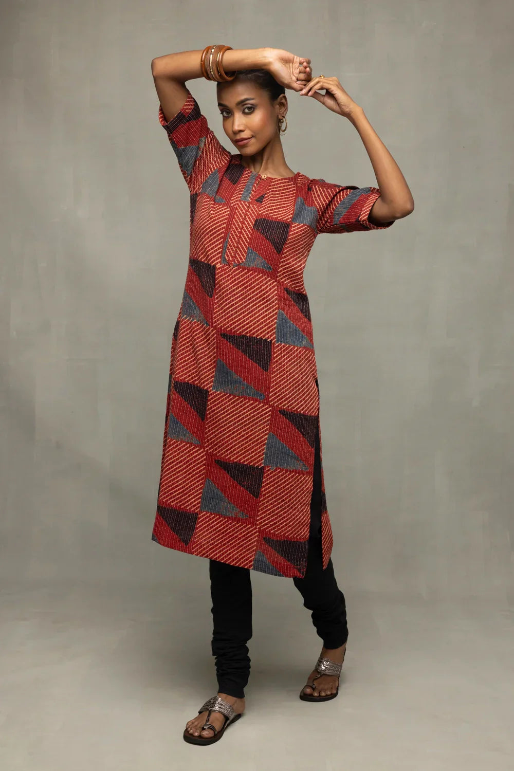Brick Red Ajrakh Print Kurta | SHOBITAM