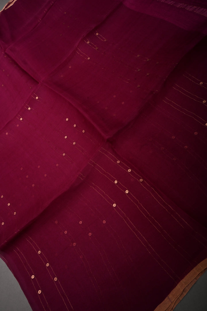 Magenta  Muslin Silk Saree with Pocket Sequins and Minimal Zari Border | SILK MARK CERTIFIED | SHOBITAM