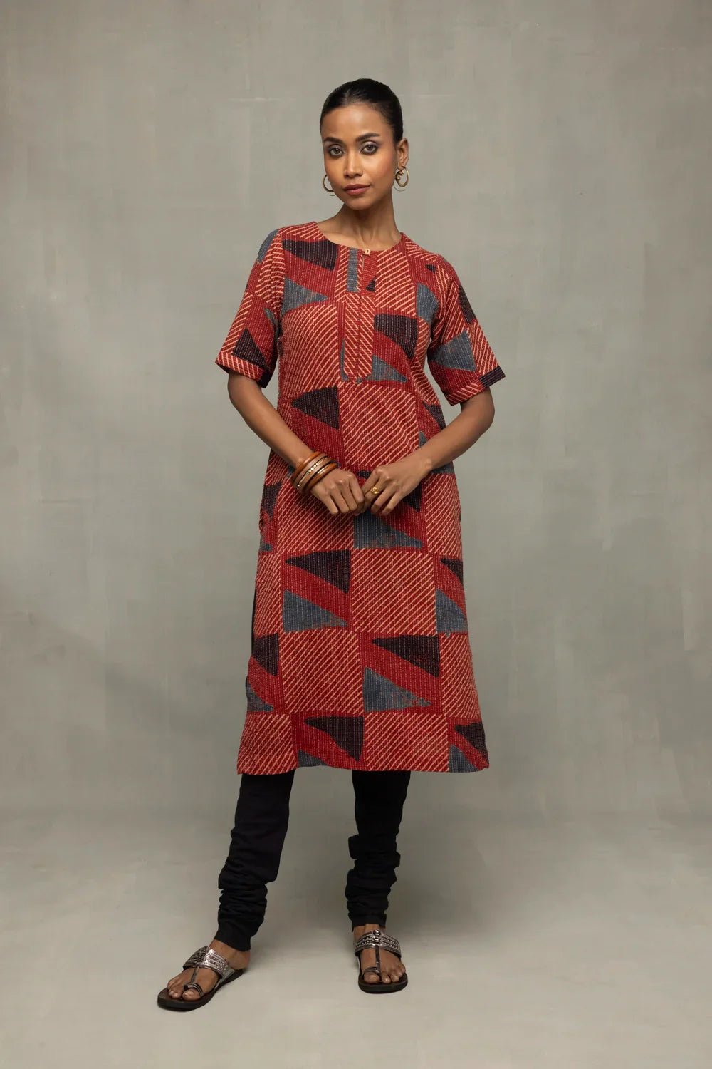 Brick Red Ajrakh Print Kurta | SHOBITAM