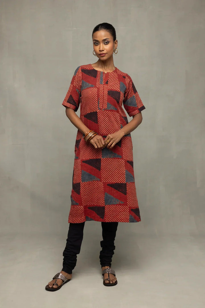 Brick Red Ajrakh Print Kurta | SHOBITAM