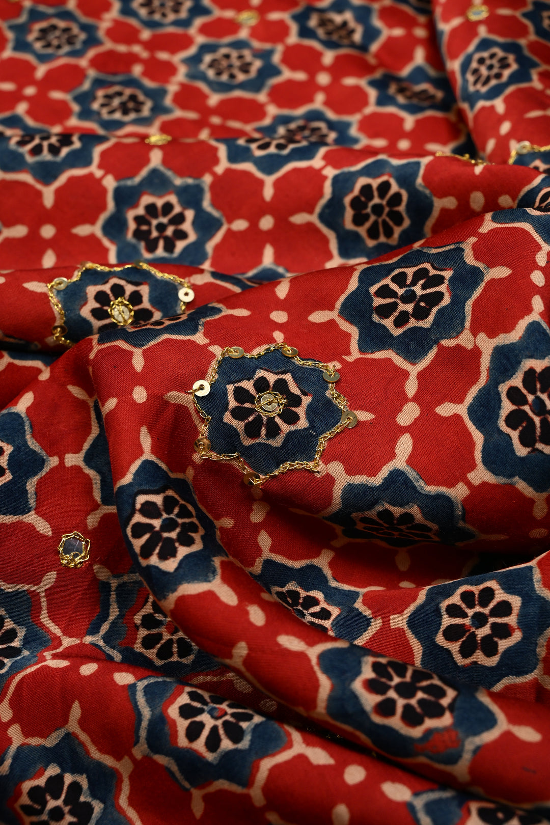 Handwork Ajrakh Saree with Tikki and Aari work on Striking Red Black Ajrakh on Modal Silk  | SHOBITAM