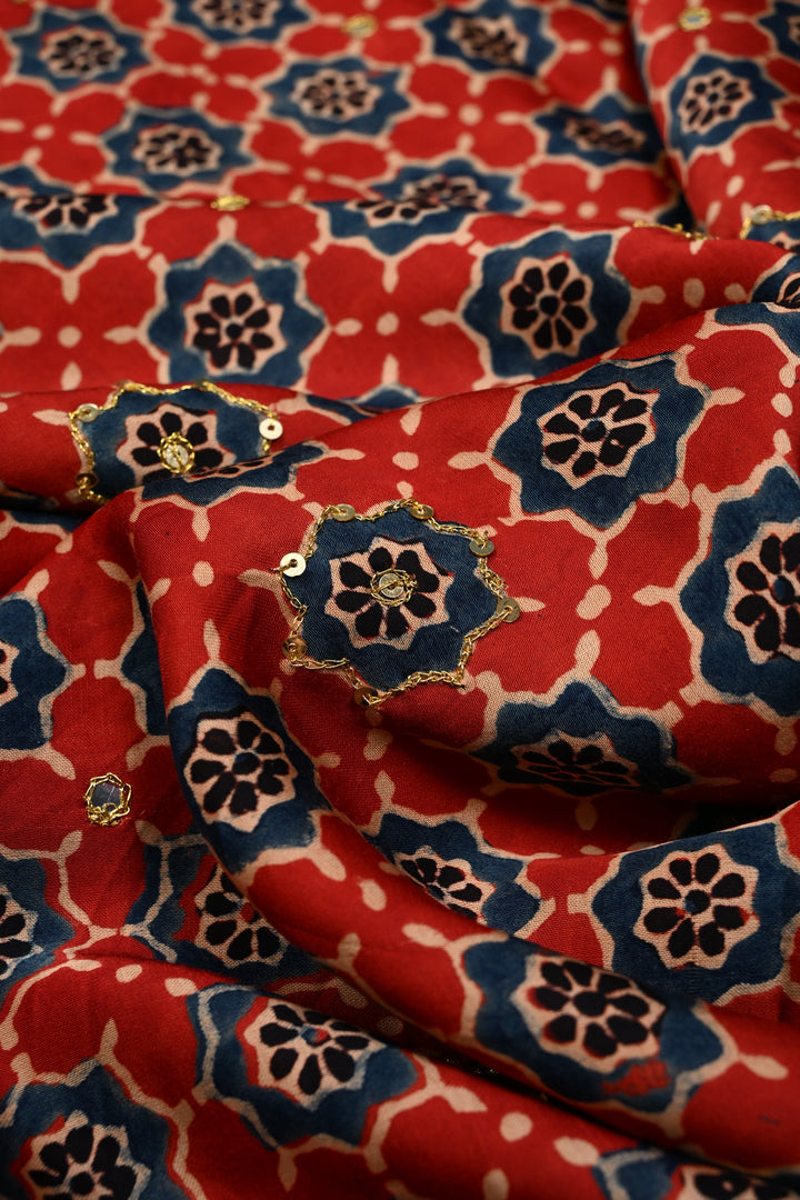 Handwork Ajrakh Saree with Tikki and Aari work on Striking Red Black Ajrakh on Modal Silk  | SHOBITAM
