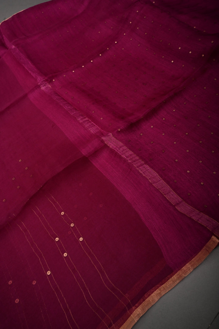 Magenta  Muslin Silk Saree with Pocket Sequins and Minimal Zari Border | SILK MARK CERTIFIED | SHOBITAM