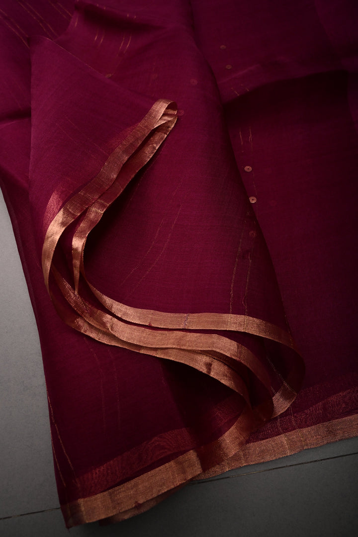 Magenta  Muslin Silk Saree with Pocket Sequins and Minimal Zari Border | SILK MARK CERTIFIED | SHOBITAM