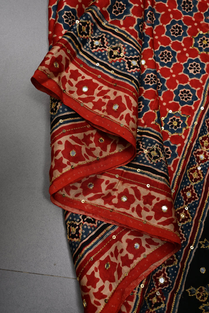 Handwork Ajrakh Saree with Tikki and Aari work on Striking Red Black Ajrakh on Modal Silk  | SHOBITAM