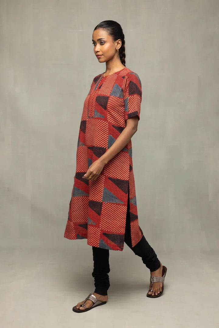 Brick Red Ajrakh Print Kurta | SHOBITAM