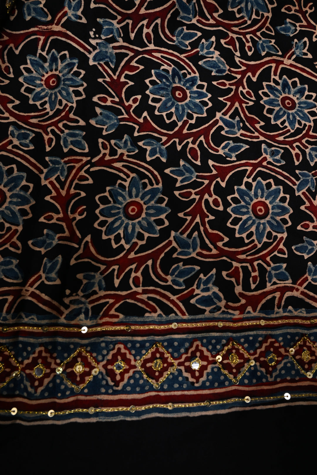 Handwork Ajrakh Saree with Tikki and Aari work on Striking Red Black Ajrakh on Modal Silk  | SHOBITAM