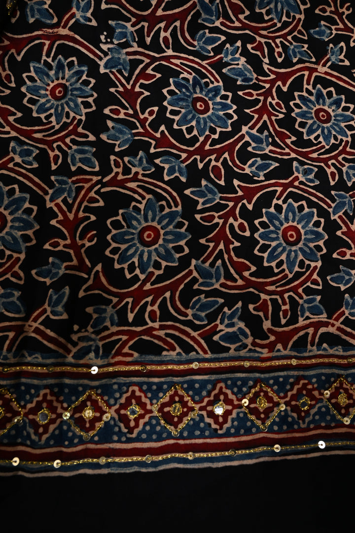Handwork Ajrakh Saree with Tikki and Aari work on Striking Red Black Ajrakh on Modal Silk  | SHOBITAM