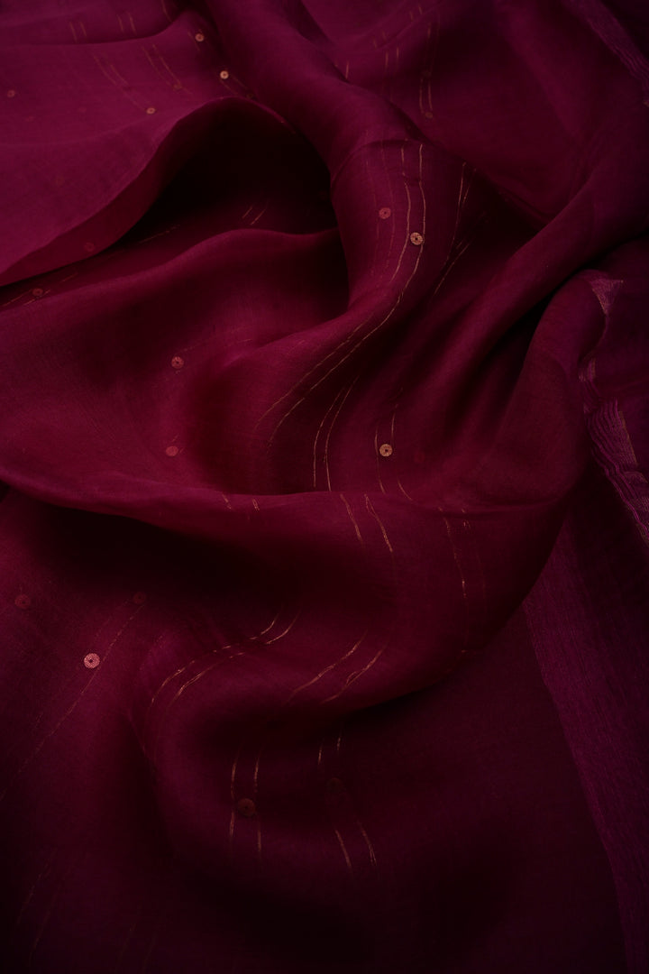 Magenta  Muslin Silk Saree with Pocket Sequins and Minimal Zari Border | SILK MARK CERTIFIED | SHOBITAM