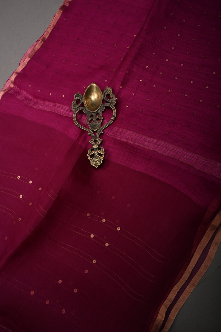 Magenta  Muslin Silk Saree with Pocket Sequins and Minimal Zari Border | SILK MARK CERTIFIED | SHOBITAM