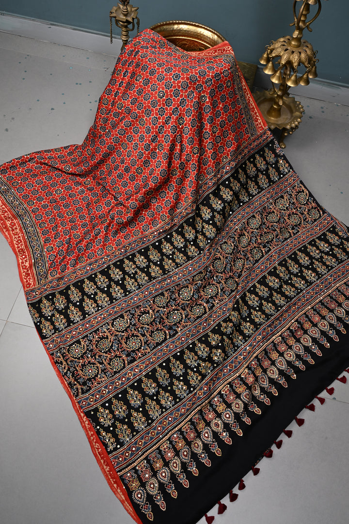 Handwork Ajrakh Saree with Tikki and Aari work on Striking Red Black Ajrakh on Modal Silk  | SHOBITAM
