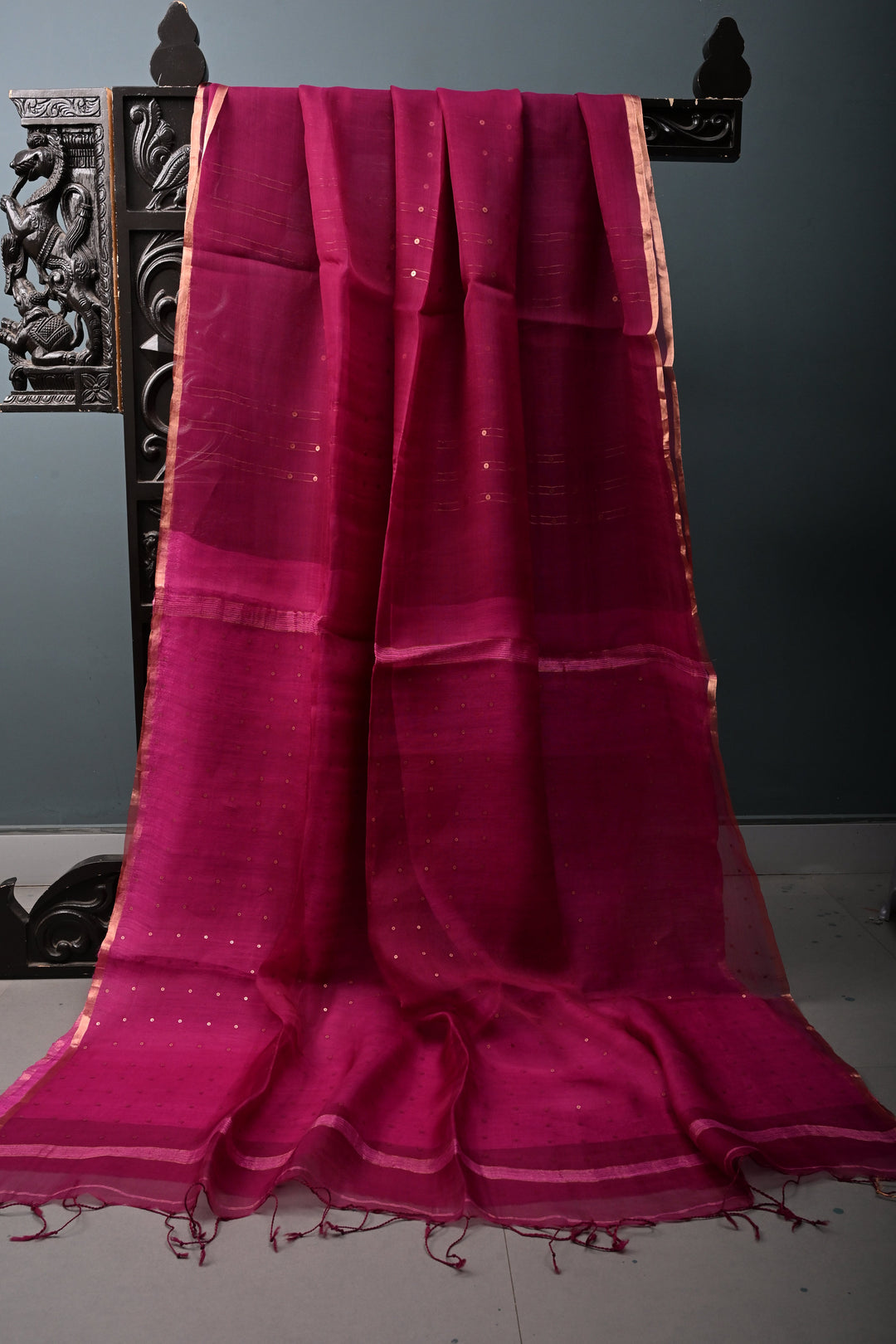 Magenta  Muslin Silk Saree with Pocket Sequins and Minimal Zari Border | SILK MARK CERTIFIED | SHOBITAM