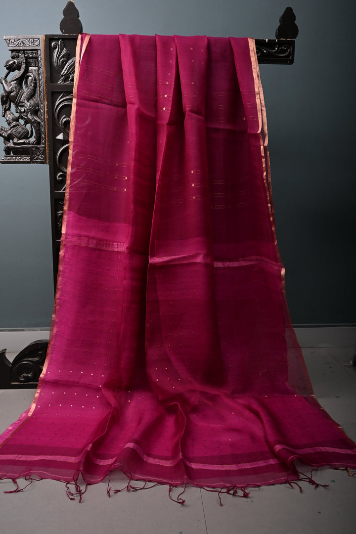 Magenta  Muslin Silk Saree with Pocket Sequins and Minimal Zari Border | SILK MARK CERTIFIED | SHOBITAM