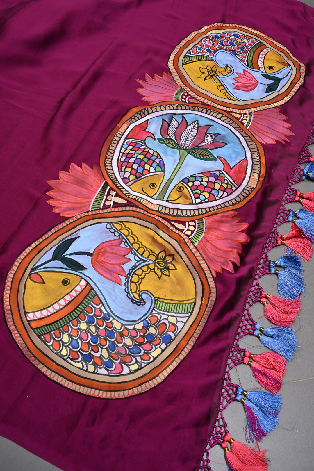 Magenta Madhubani Machli Handpainting on Shimmer Georgette Saree, No Blouse Piece | SHOBITAM