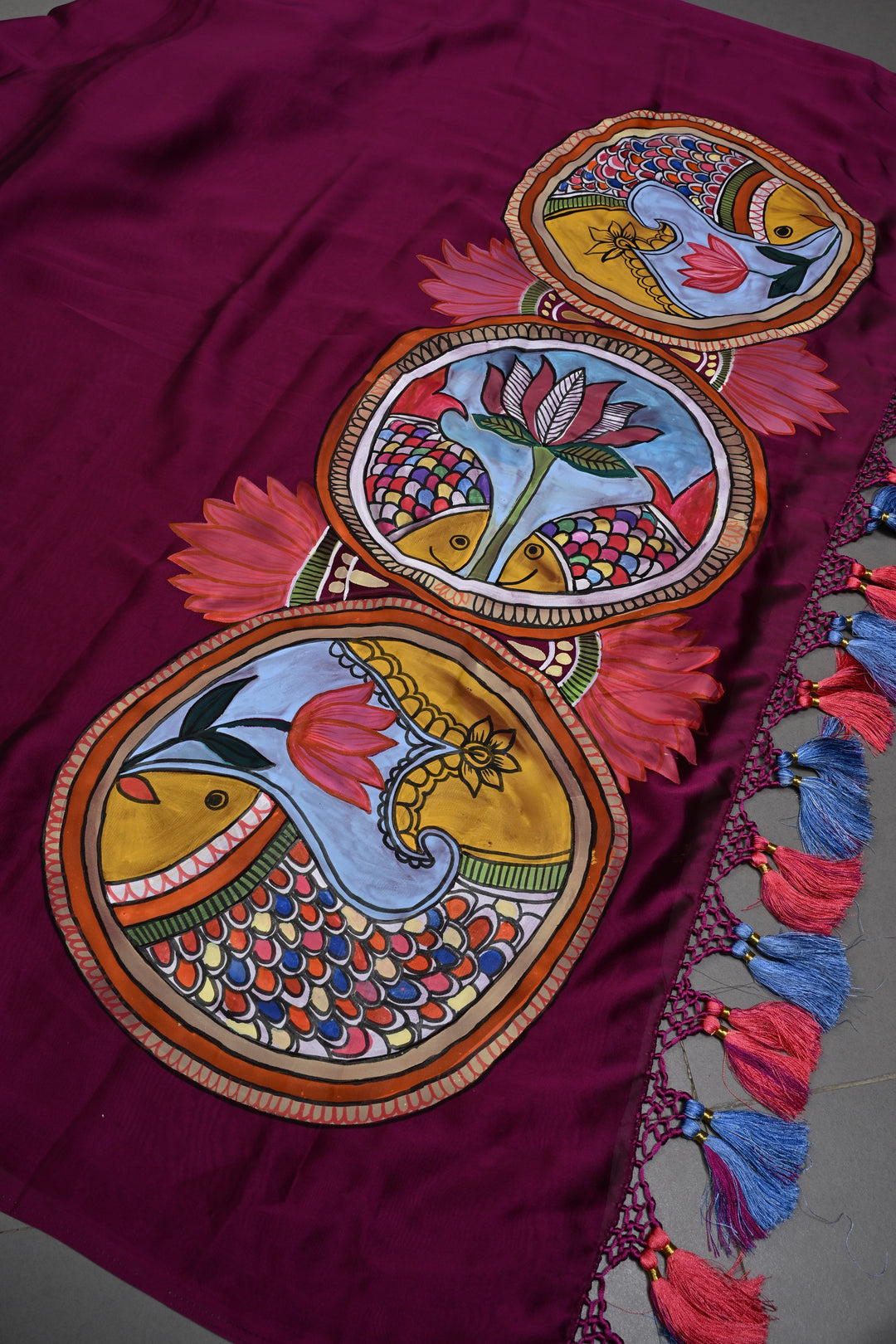 Magenta Madhubani Machli Handpainting on Shimmer Georgette Saree, No Blouse Piece | SHOBITAM