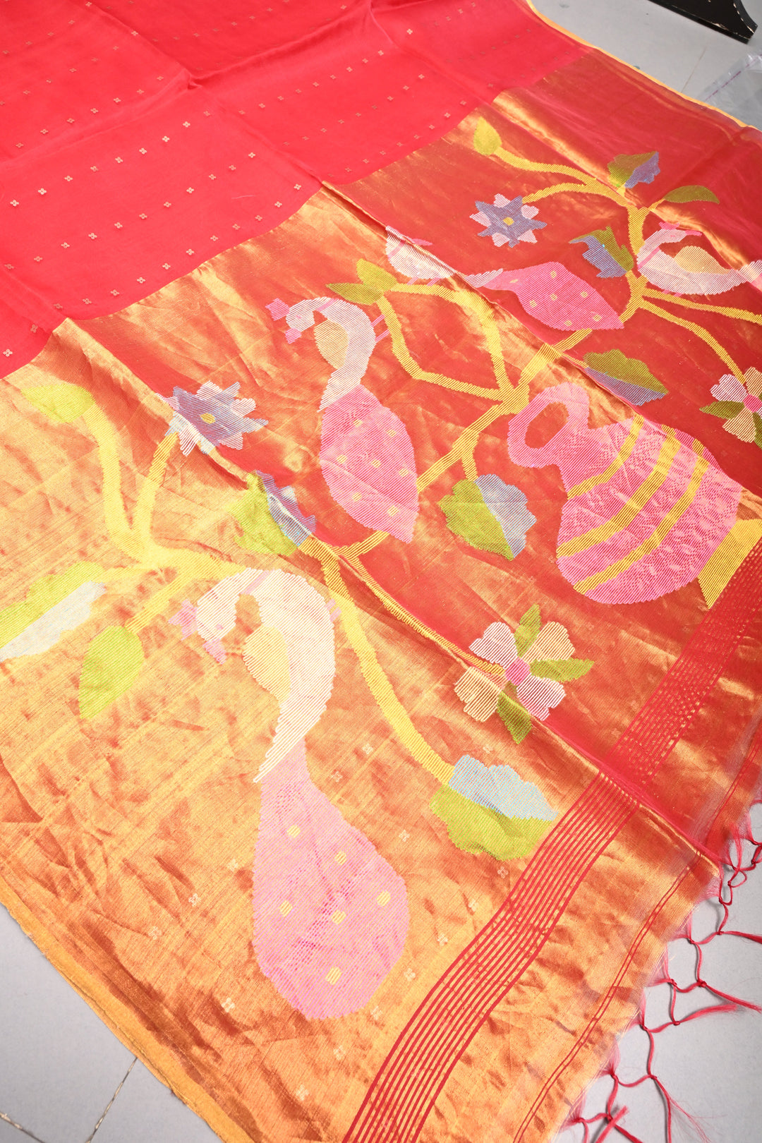 Red Muslin Silk Saree with Pocket Sequins and Paithani Style Pallu | SILK MARK CERTIFIED | SHOBITAM