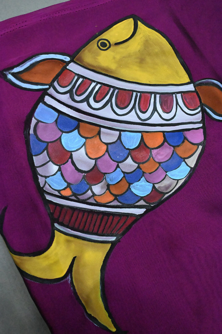 Magenta Madhubani Machli Handpainting on Shimmer Georgette Saree, No Blouse Piece | SHOBITAM
