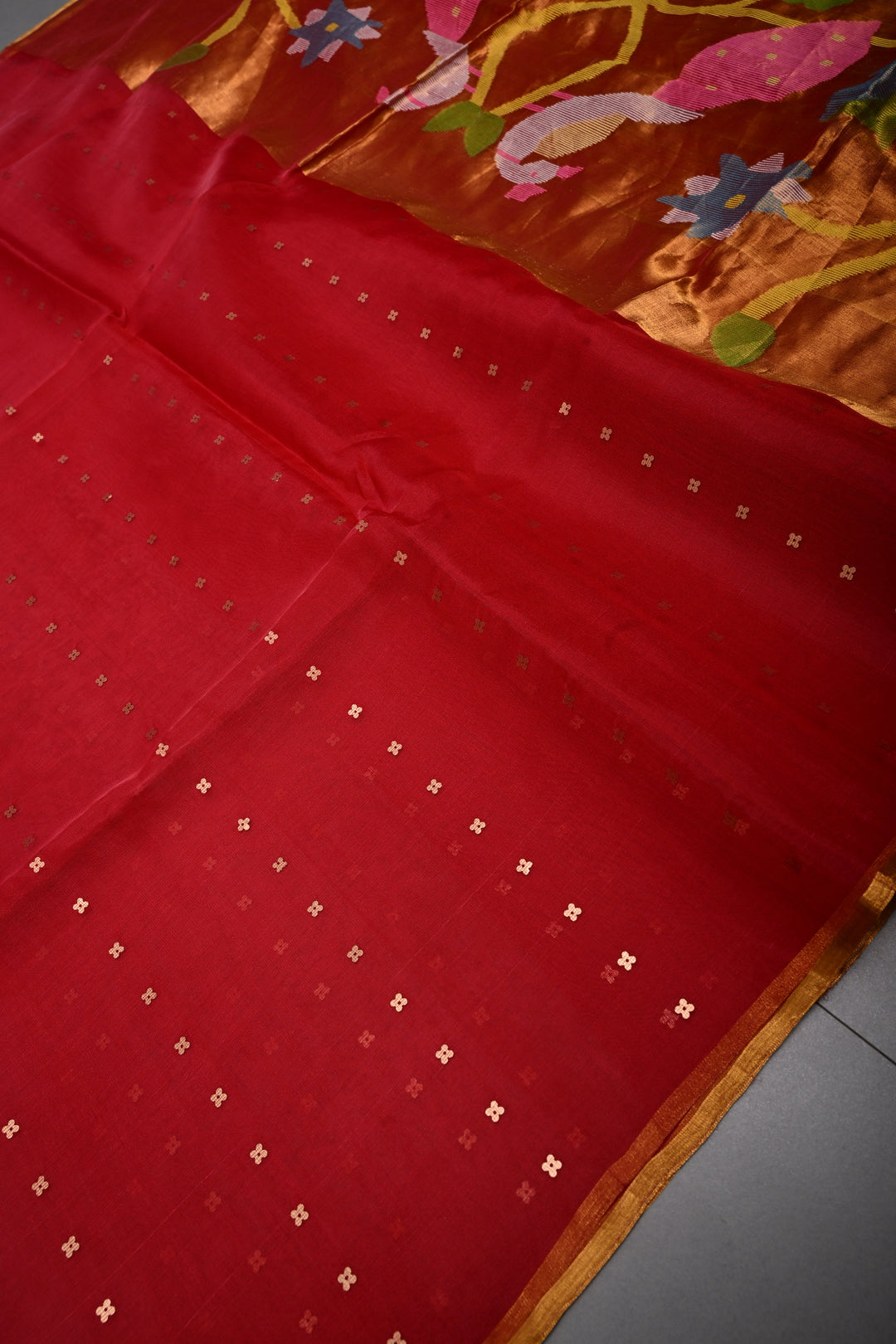 Red Muslin Silk Saree with Pocket Sequins and Paithani Style Pallu | SILK MARK CERTIFIED | SHOBITAM