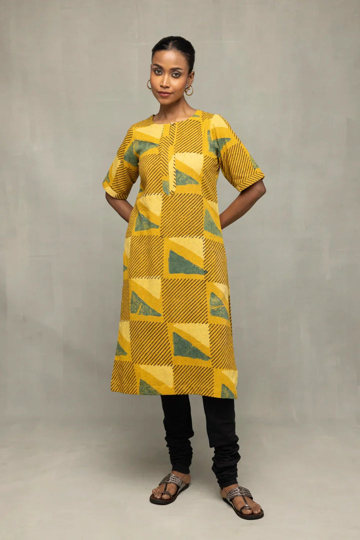 Yellow Ajrakh Print Kurta | SHOBITAM