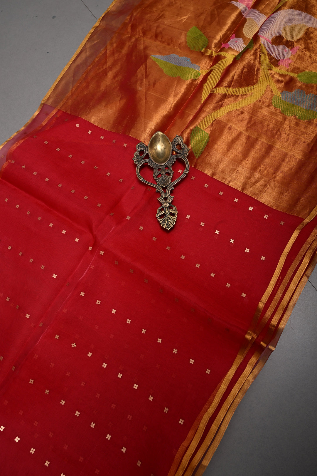 Red Muslin Silk Saree with Pocket Sequins and Paithani Style Pallu | SILK MARK CERTIFIED | SHOBITAM