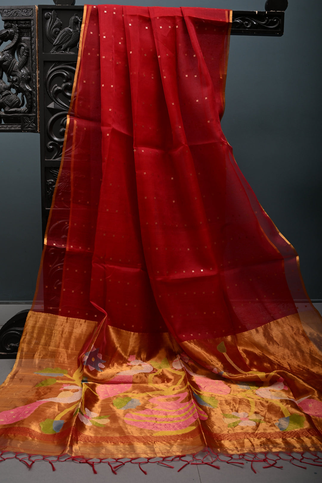 Red Muslin Silk Saree with Pocket Sequins and Paithani Style Pallu | SILK MARK CERTIFIED | SHOBITAM