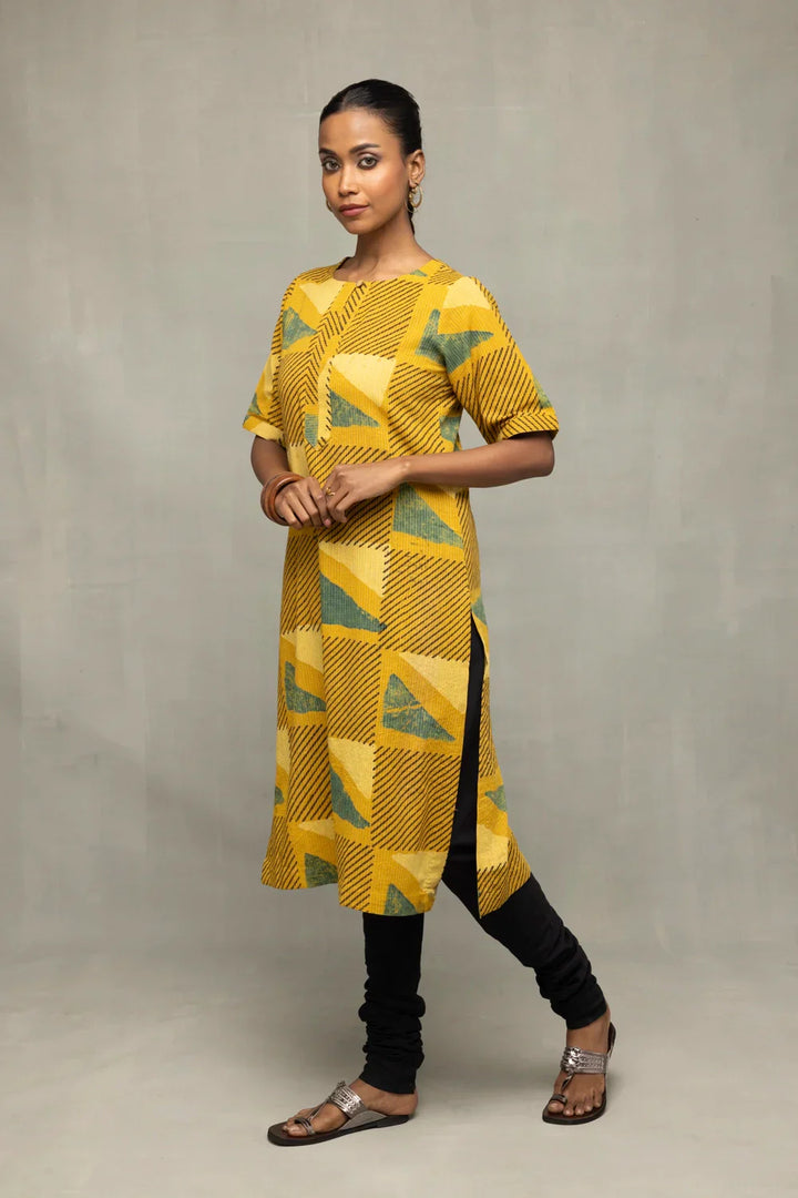 Yellow Ajrakh Print Kurta | SHOBITAM