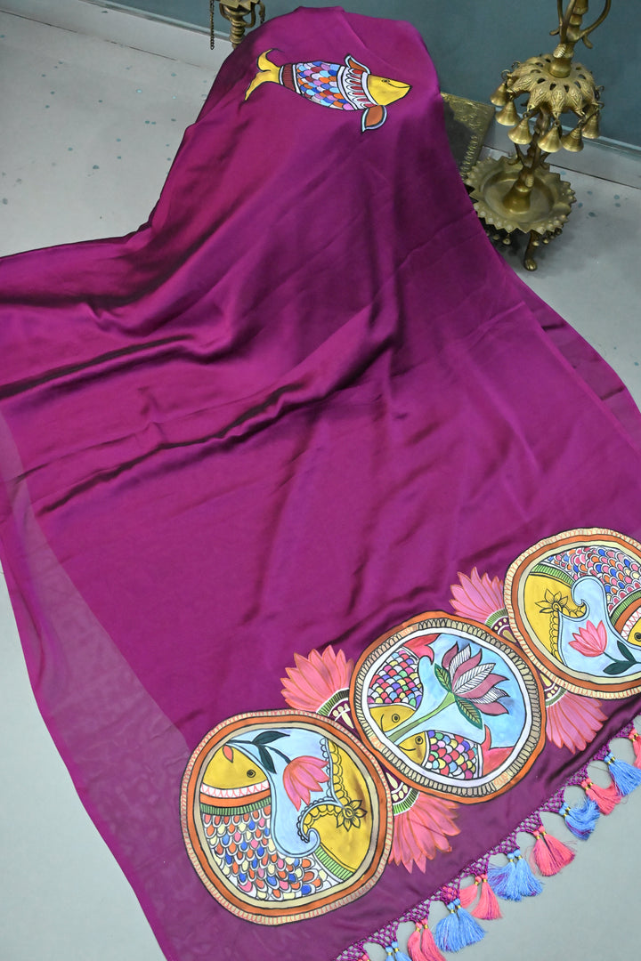 Magenta Madhubani Machli Handpainting on Shimmer Georgette Saree, No Blouse Piece | SHOBITAM