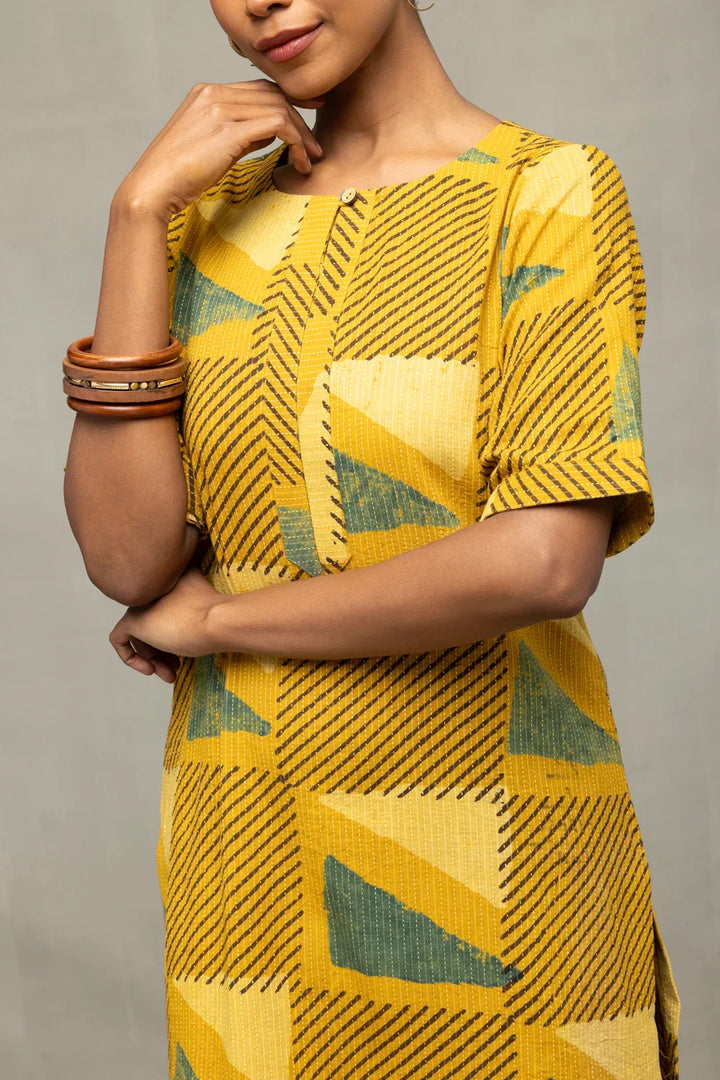 Yellow Ajrakh Print Kurta | SHOBITAM