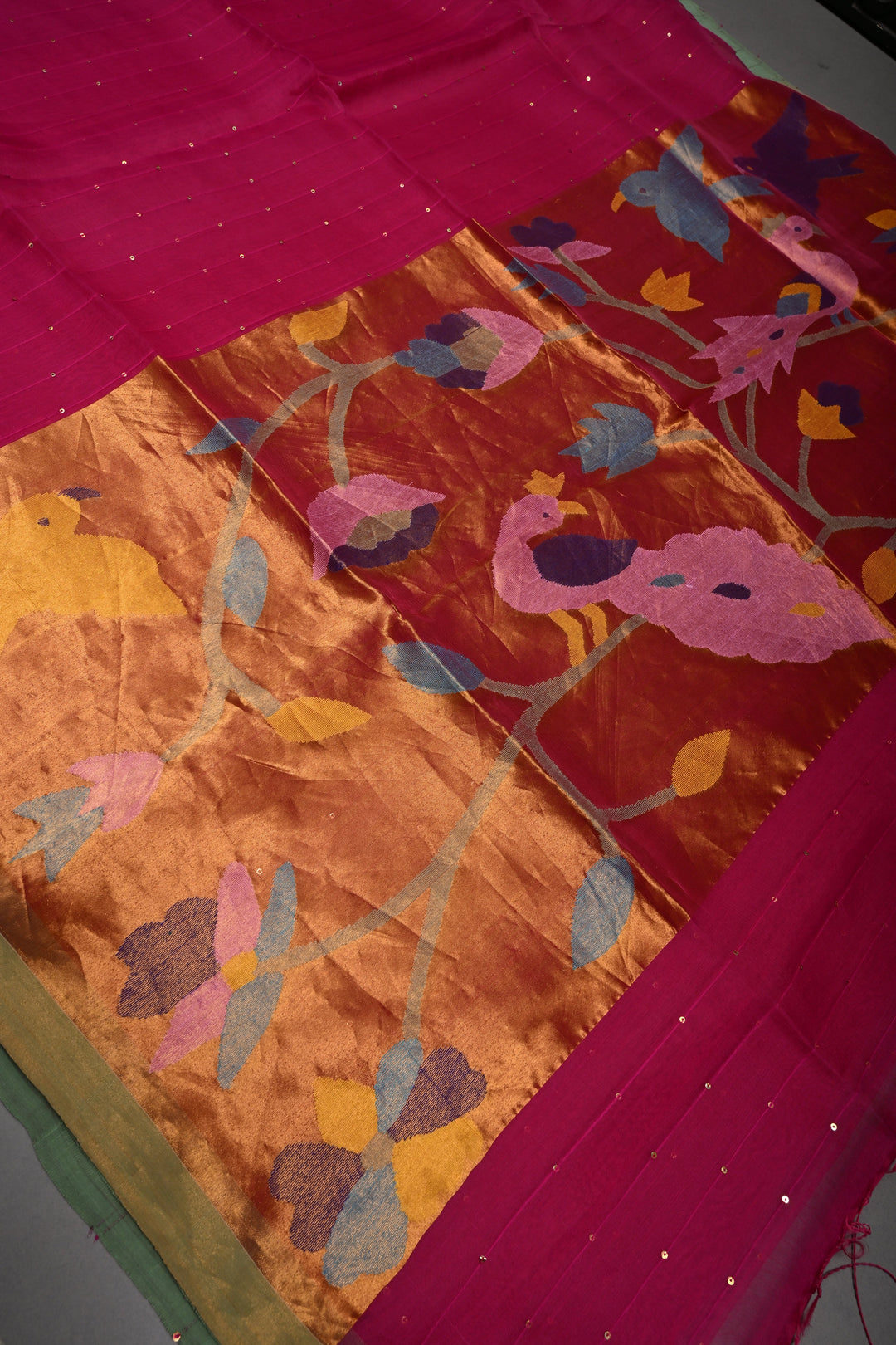 Rani Pink  Muslin Saree with Pocket Sequins and Paithani Style Tissue Pallu | SILK MARK CERTIFIED | SHOBITAM