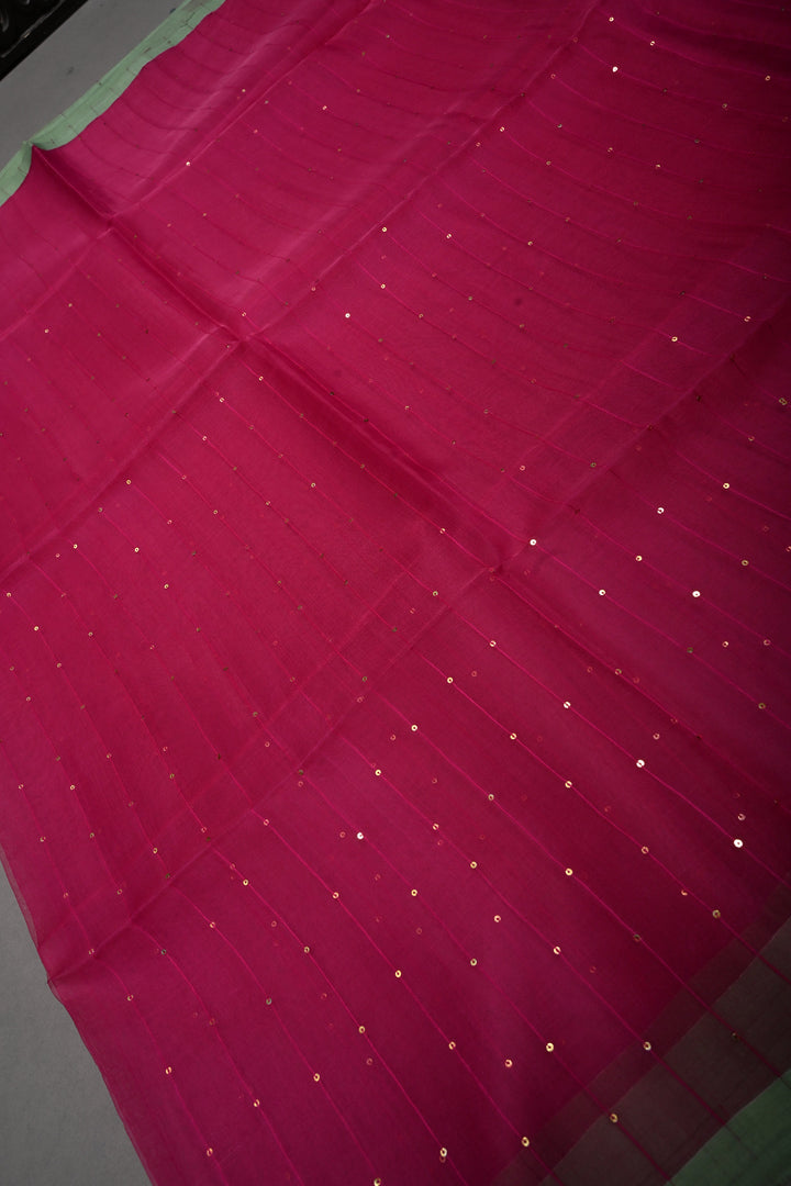 Rani Pink  Muslin Saree with Pocket Sequins and Paithani Style Tissue Pallu | SILK MARK CERTIFIED | SHOBITAM