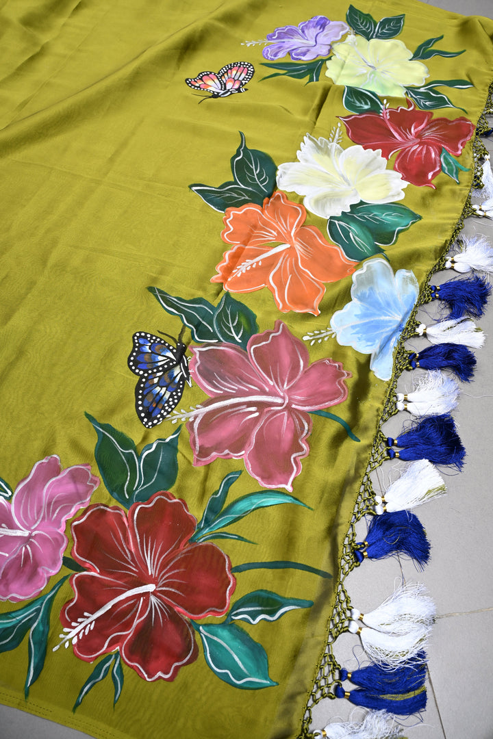 Mehendi Green Butterfly Enchanted Branch Handpainting on Shimmer Georgette Saree, No Blouse Piece