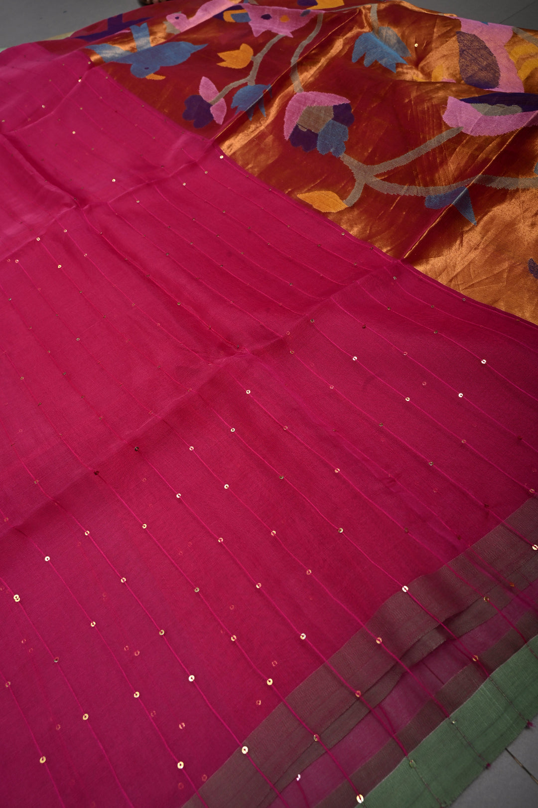 Rani Pink  Muslin Saree with Pocket Sequins and Paithani Style Tissue Pallu | SILK MARK CERTIFIED | SHOBITAM