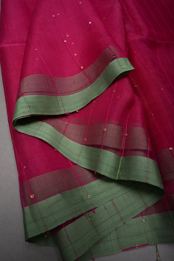 Rani Pink  Muslin Saree with Pocket Sequins and Paithani Style Tissue Pallu | SILK MARK CERTIFIED | SHOBITAM