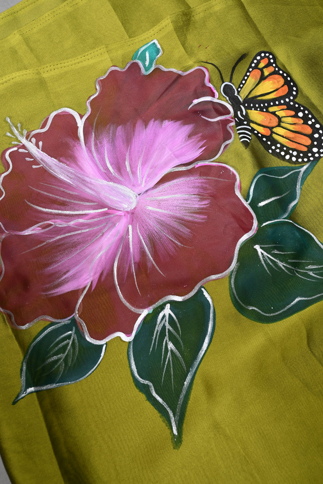 Mehendi Green Butterfly Enchanted Branch Handpainting on Shimmer Georgette Saree, No Blouse Piece