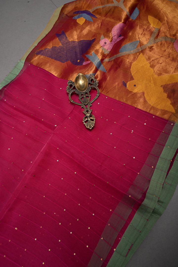 Rani Pink  Muslin Saree with Pocket Sequins and Paithani Style Tissue Pallu | SILK MARK CERTIFIED | SHOBITAM