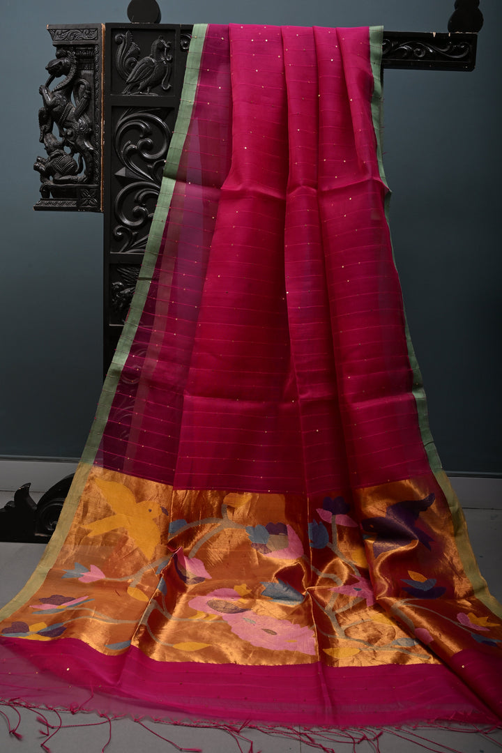 Rani Pink  Muslin Saree with Pocket Sequins and Paithani Style Tissue Pallu | SILK MARK CERTIFIED | SHOBITAM