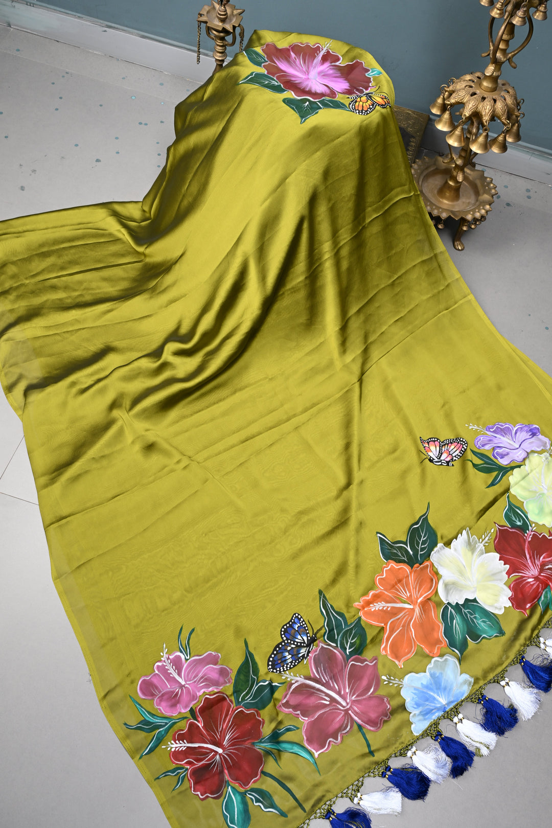 Mehendi Green Butterfly Enchanted Branch Handpainting on Shimmer Georgette Saree, No Blouse Piece