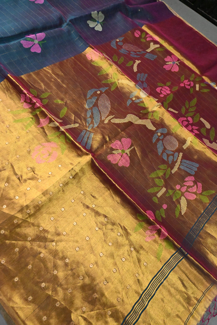 Green-Pink Dual Tone Jamdani Weaving on Silk Muslin Saree with Pocket Sequins and Paithani Style Tissue Pallu | SILK MARK CERTIFIED | SHOBITAM