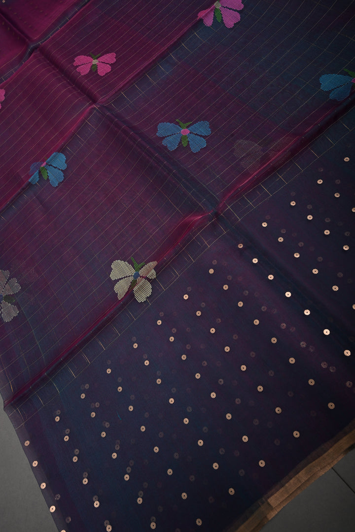 Green-Pink Dual Tone Jamdani Weaving on Silk Muslin Saree with Pocket Sequins and Paithani Style Tissue Pallu | SILK MARK CERTIFIED | SHOBITAM