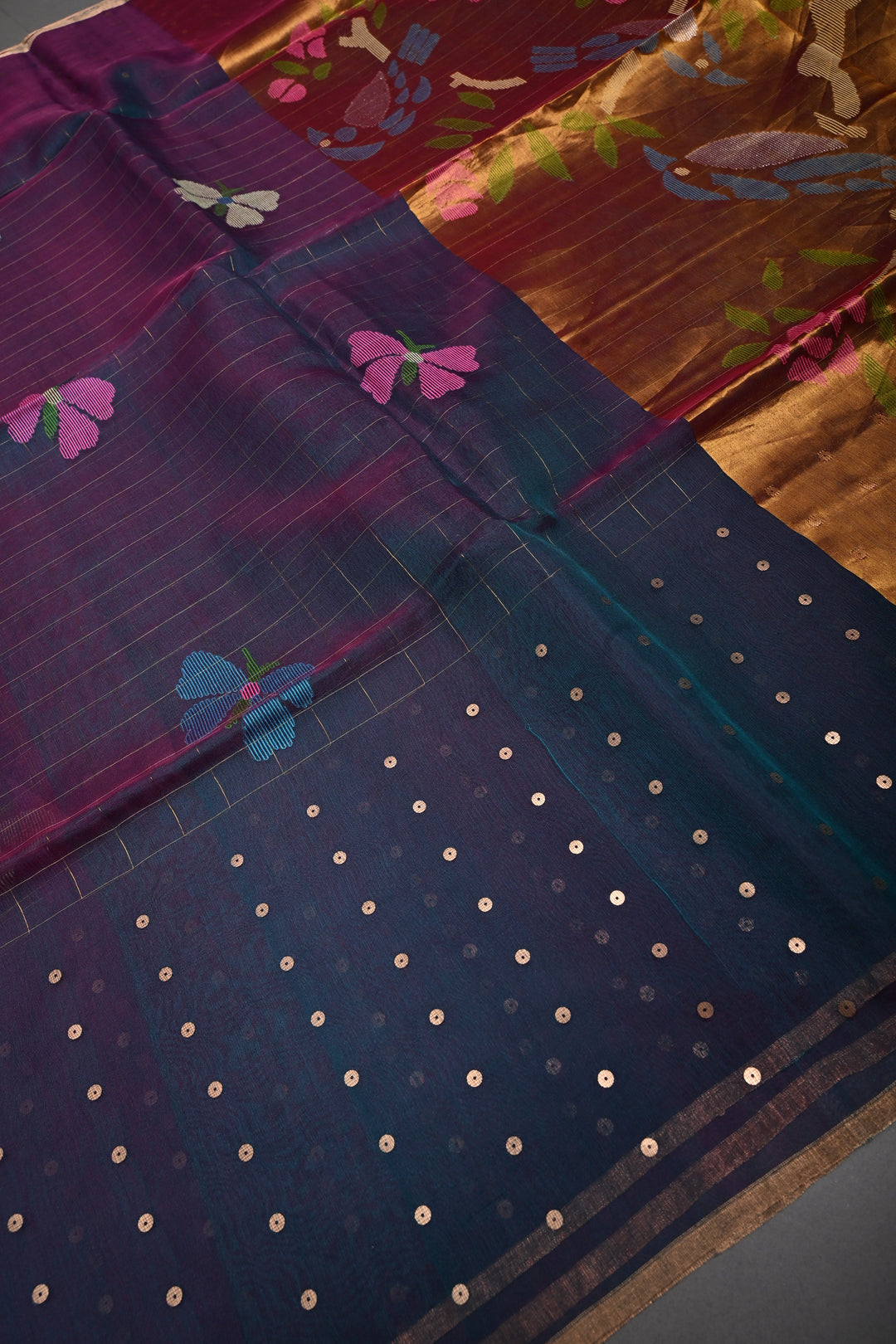 Green-Pink Dual Tone Jamdani Weaving on Silk Muslin Saree with Pocket Sequins and Paithani Style Tissue Pallu | SILK MARK CERTIFIED | SHOBITAM