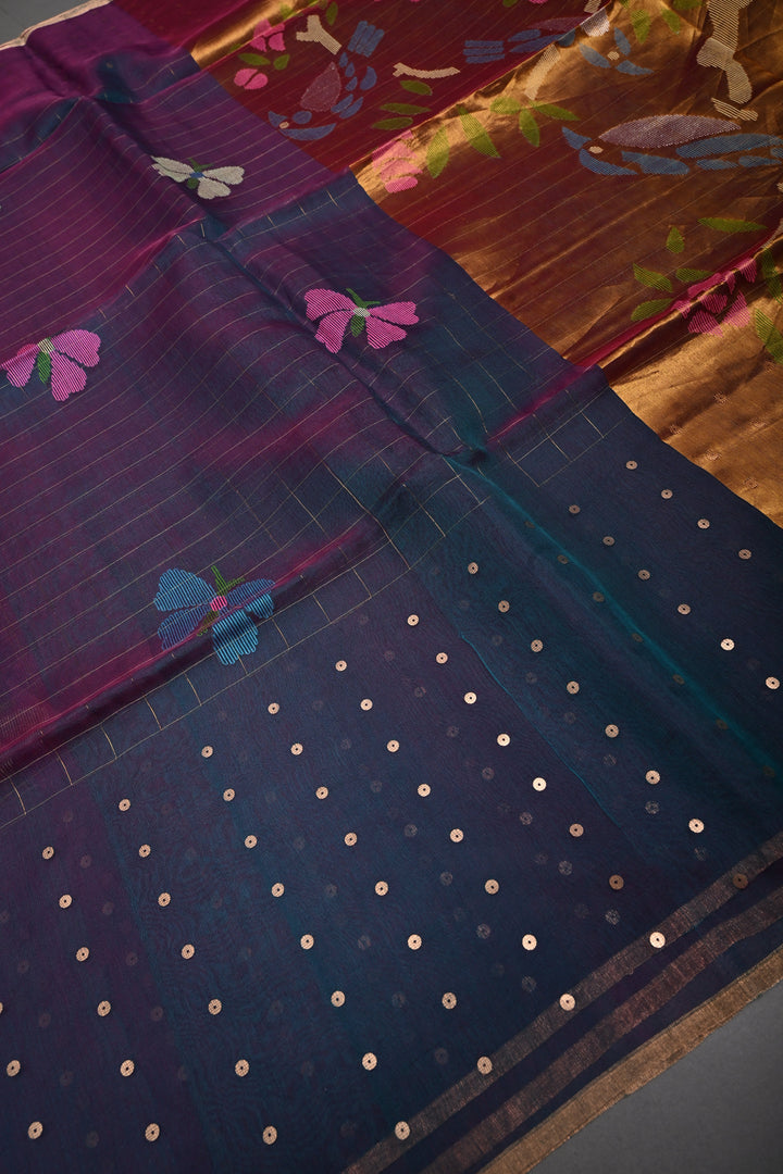 Green-Pink Dual Tone Jamdani Weaving on Silk Muslin Saree with Pocket Sequins and Paithani Style Tissue Pallu | SILK MARK CERTIFIED | SHOBITAM