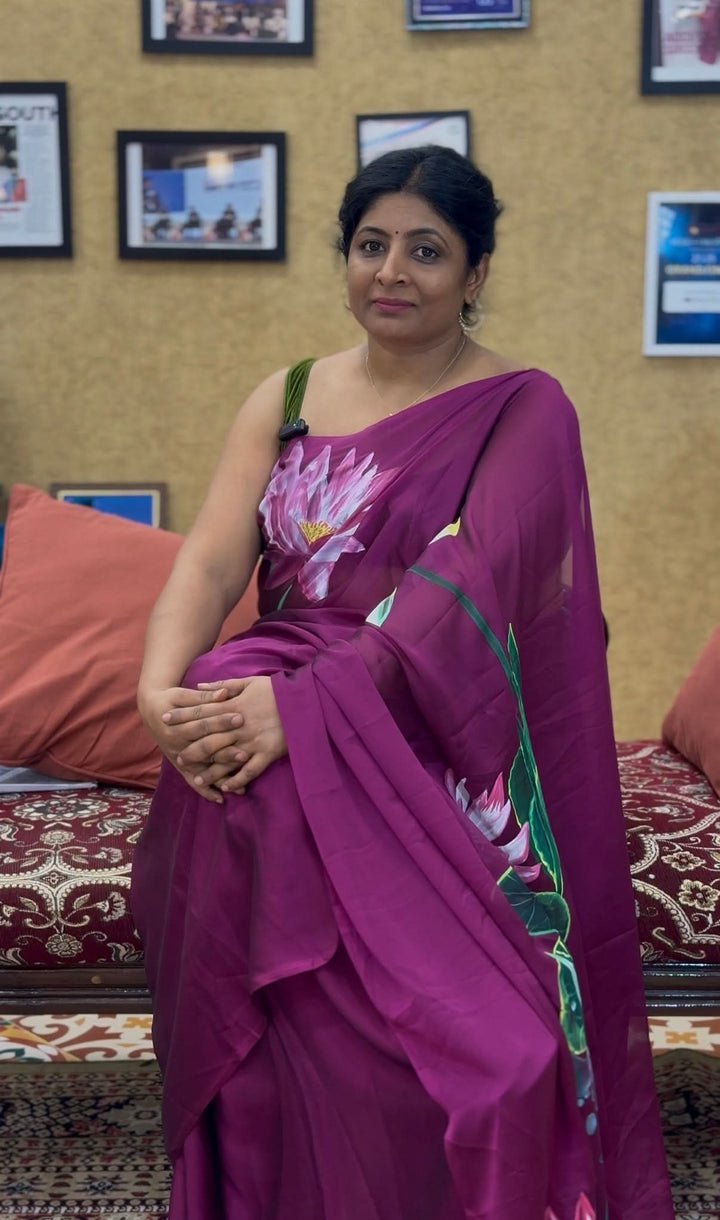 Magenta Shimmer Georgette Saree with Floral Lotus Hand Painted on Pallu , No Blouse Piece | SHOBITAM