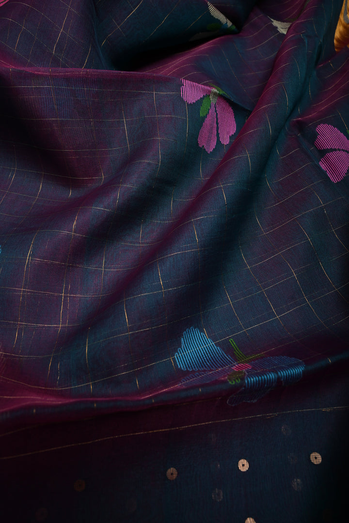 Green-Pink Dual Tone Jamdani Weaving on Silk Muslin Saree with Pocket Sequins and Paithani Style Tissue Pallu | SILK MARK CERTIFIED | SHOBITAM