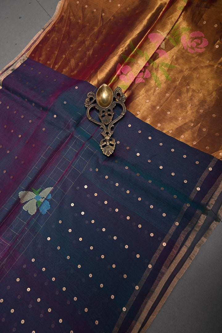 Green-Pink Dual Tone Jamdani Weaving on Silk Muslin Saree with Pocket Sequins and Paithani Style Tissue Pallu | SILK MARK CERTIFIED | SHOBITAM