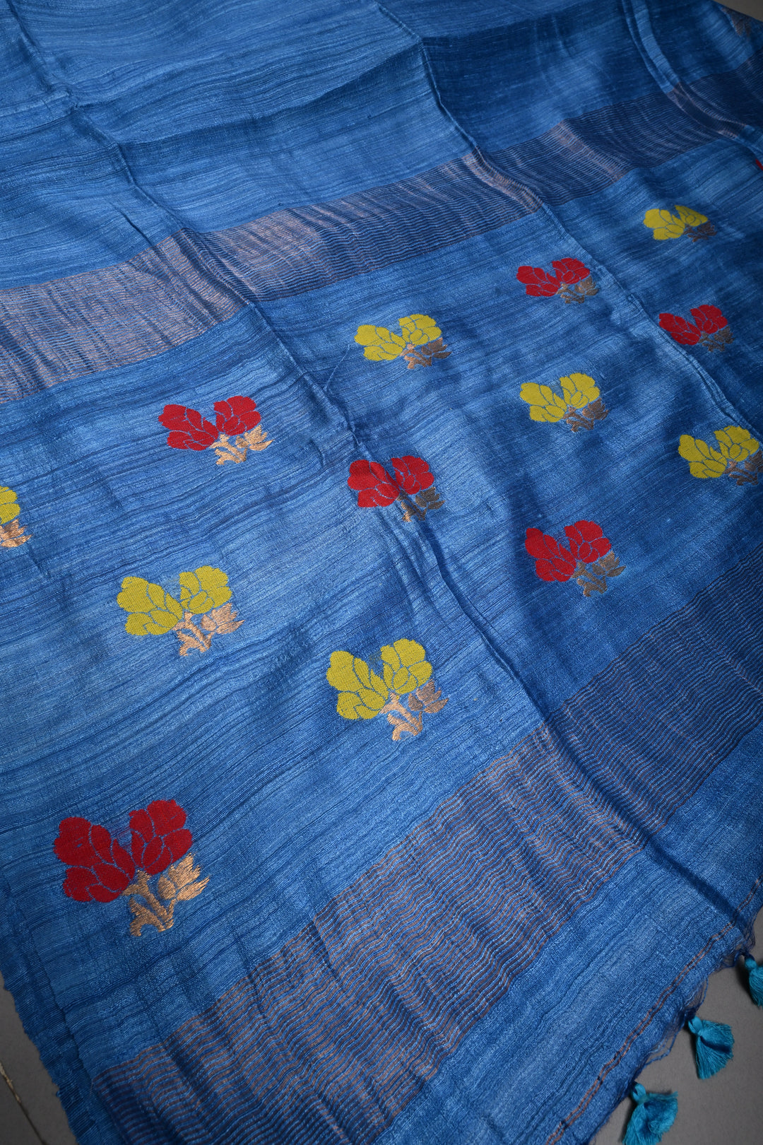 Blue Geecha Tussar Silk Saree with Jamdani Meenakari Weaving Border and pallu | SILK MARK CERTIFIED | SHOBITAM