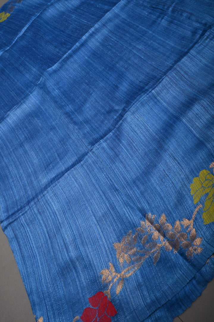 Blue Geecha Tussar Silk Saree with Jamdani Meenakari Weaving Border and pallu | SILK MARK CERTIFIED | SHOBITAM