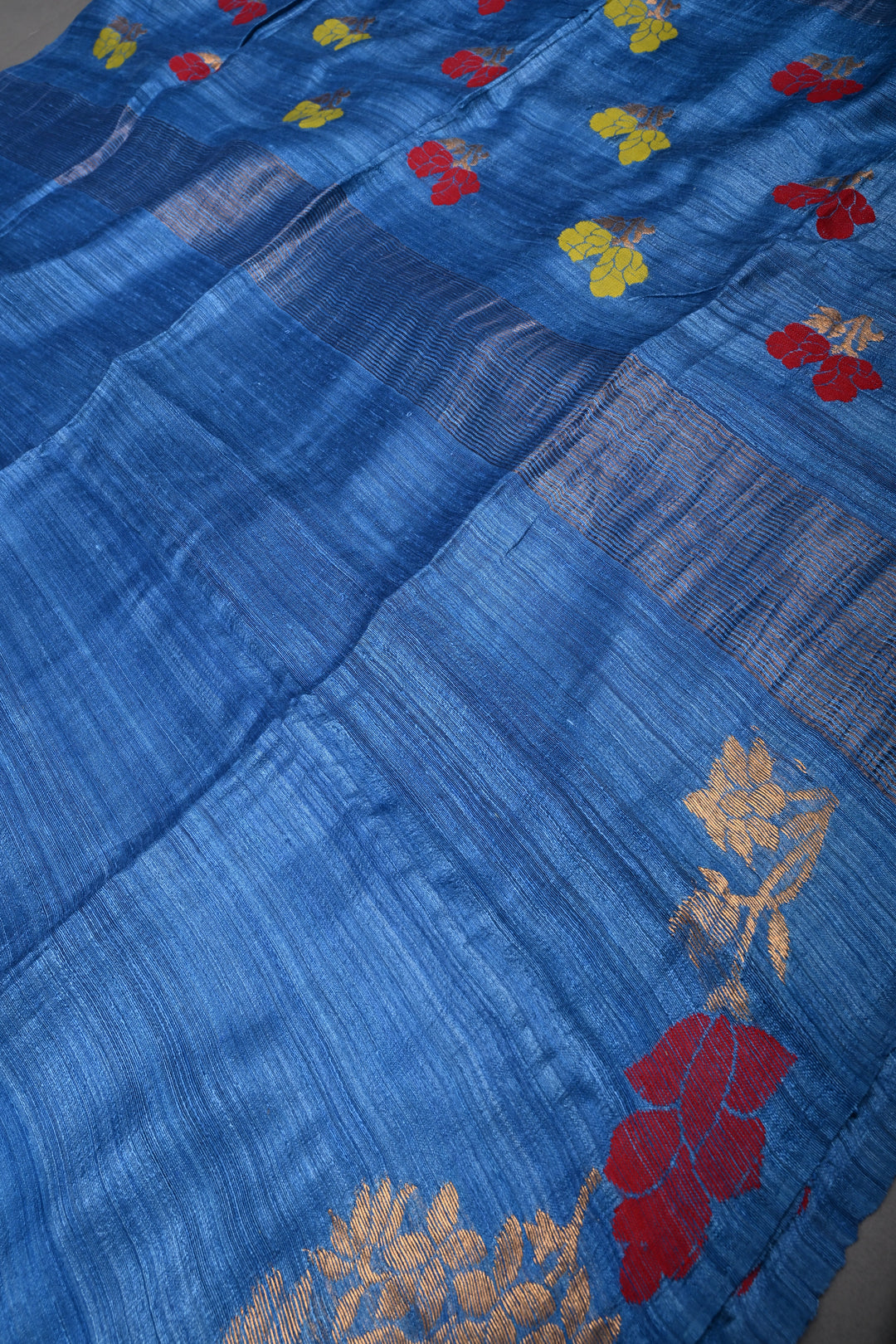 Blue Geecha Tussar Silk Saree with Jamdani Meenakari Weaving Border and pallu | SILK MARK CERTIFIED | SHOBITAM